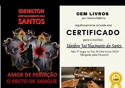 Professor Idenilton Santos, fundador do INTEGRAÇÃO, foi premiado no Concurso TOP-10, do Projeto CEM LIVROS,L, organizado pela Psicologa Natália Balbina, em 2024.